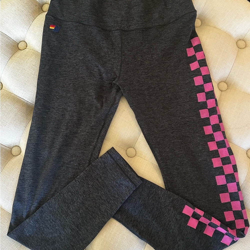 Aviator Nation Full Length Gray and Pink Checkered Leggings Size L